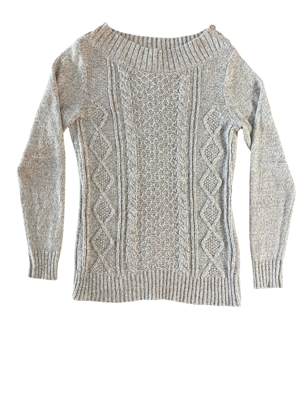 New York & Company Light Tan Shimmer Cable Knit Crewneck Sweater Size M